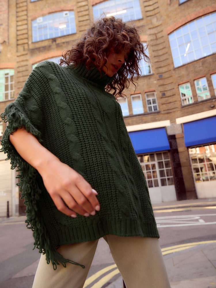 Green Khaki High Roll Neck Fringe Knitted Cape Cardigan With Wool - Image 2 of 8