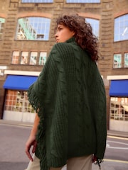 Green Khaki High Roll Neck Fringe Knitted Cape Cardigan With Wool - Image 3 of 8