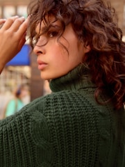 Green Khaki High Roll Neck Fringe Knitted Cape Cardigan With Wool - Image 4 of 8