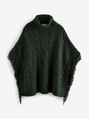 Green Khaki High Roll Neck Fringe Knitted Cape Cardigan With Wool - Image 5 of 8