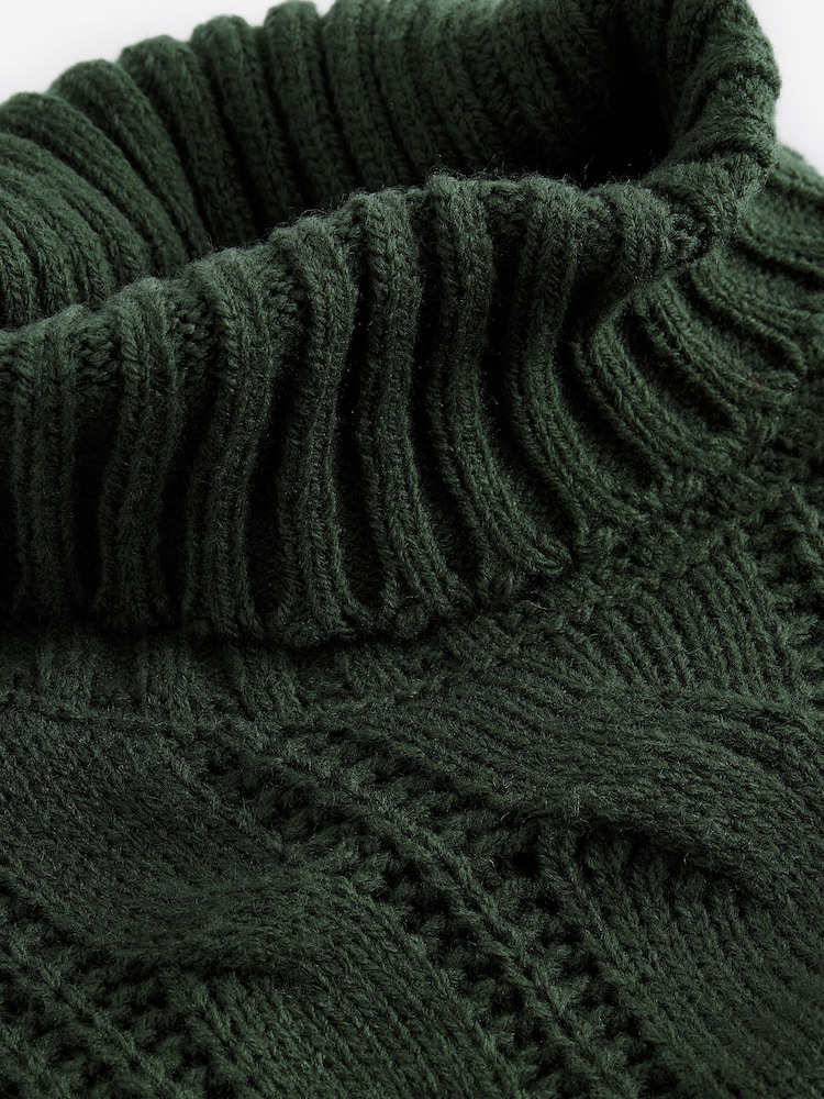 Green Khaki High Roll Neck Fringe Knitted Cape Cardigan With Wool - Image 8 of 8