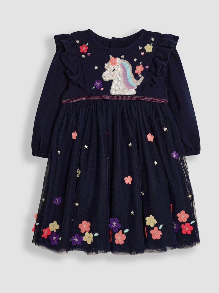 JoJo Maman Bébé Navy Blue Unicorn Appliqué Tulle Party Dress - Image 1 of 3