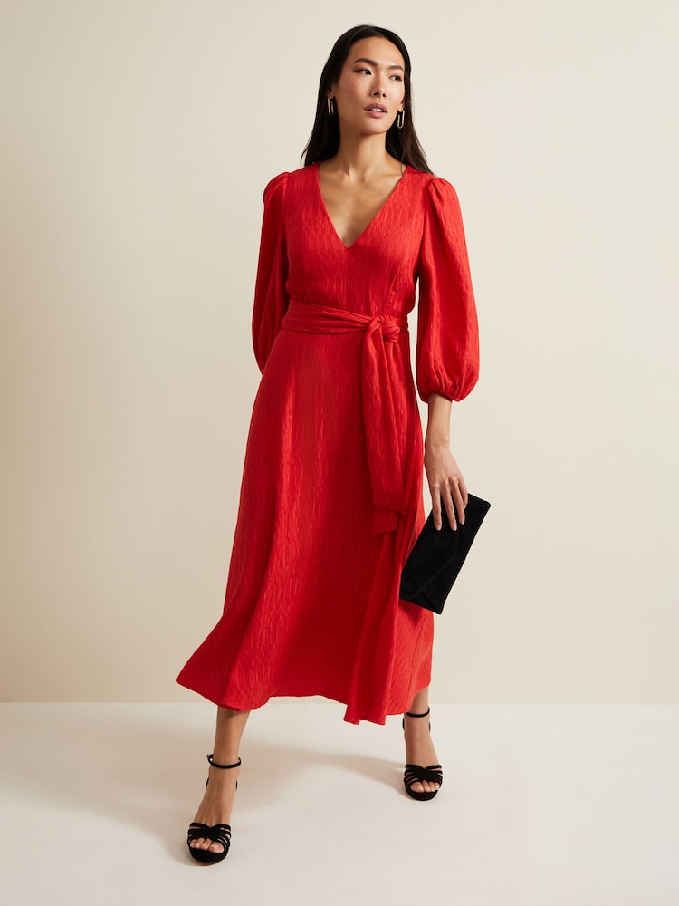 Phase Eight Orange Petite Marilyn Puff Sleeve Midi Dress - Image 1 of 7
