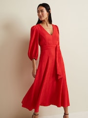 Phase Eight Orange Petite Marilyn Puff Sleeve Midi Dress - Image 3 of 7