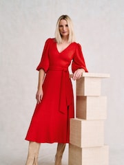 Phase Eight Orange Petite Marilyn Puff Sleeve Midi Dress - Image 6 of 7