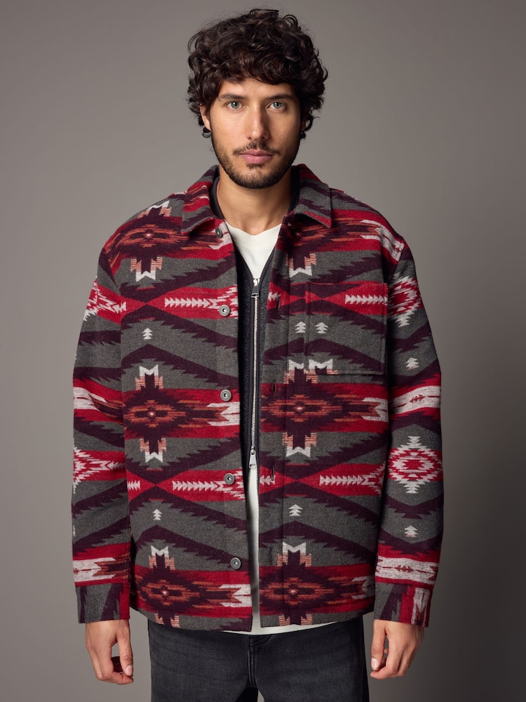 Red Borg Lined Pattern Shacket - Image 1 of 11