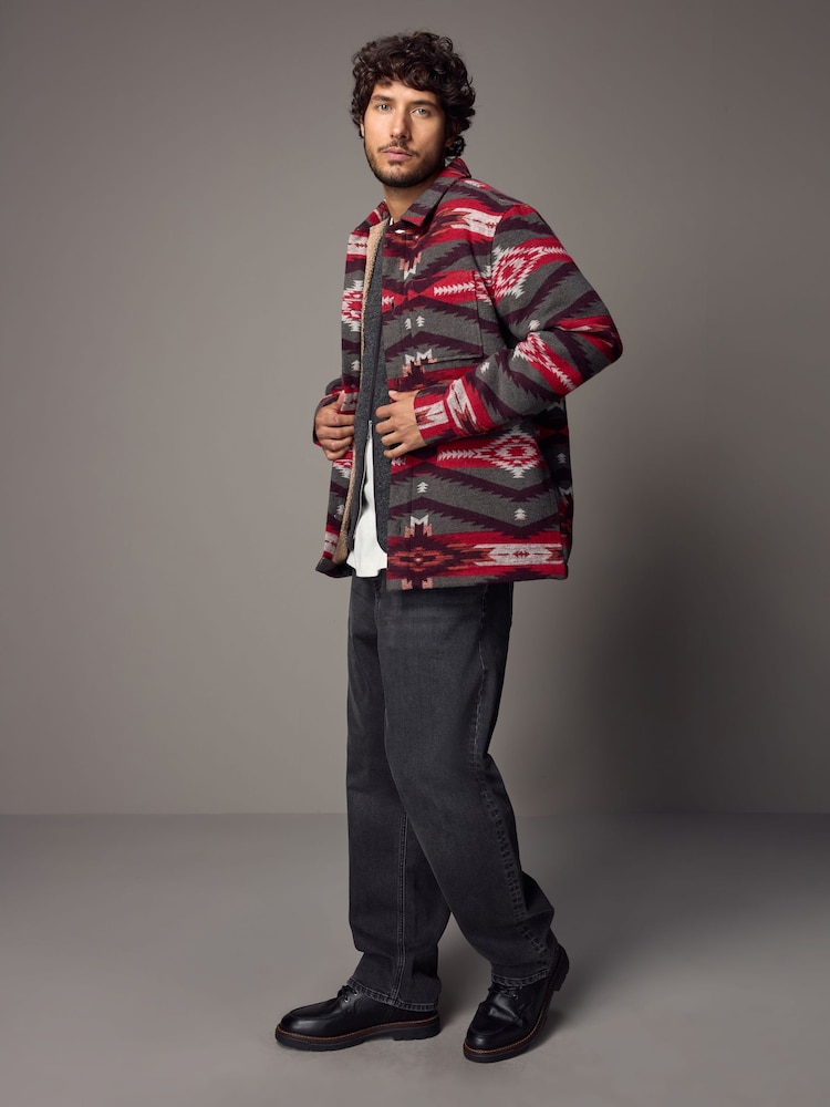 Red Borg Lined Pattern Shacket - Image 2 of 11
