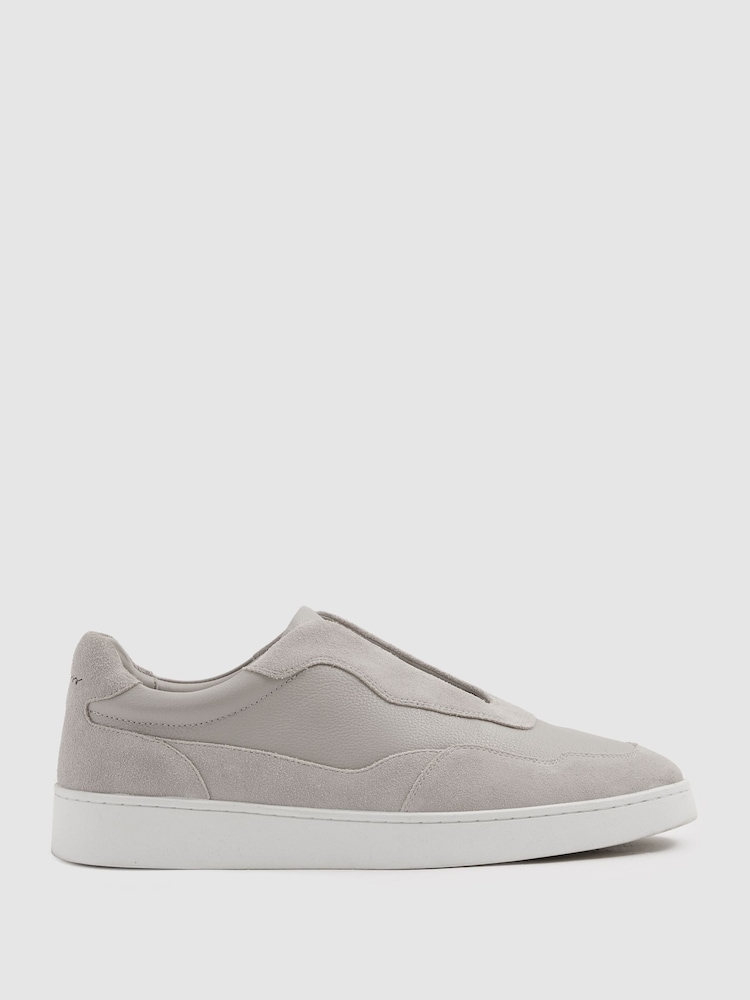 Reiss Grey Cruz Grained Leather Elasticated Lace Trainers - Image 1 of 5 Reiss Grey Cruz Grained Leather Elasticated Lace Trainers - Image 1 of 5