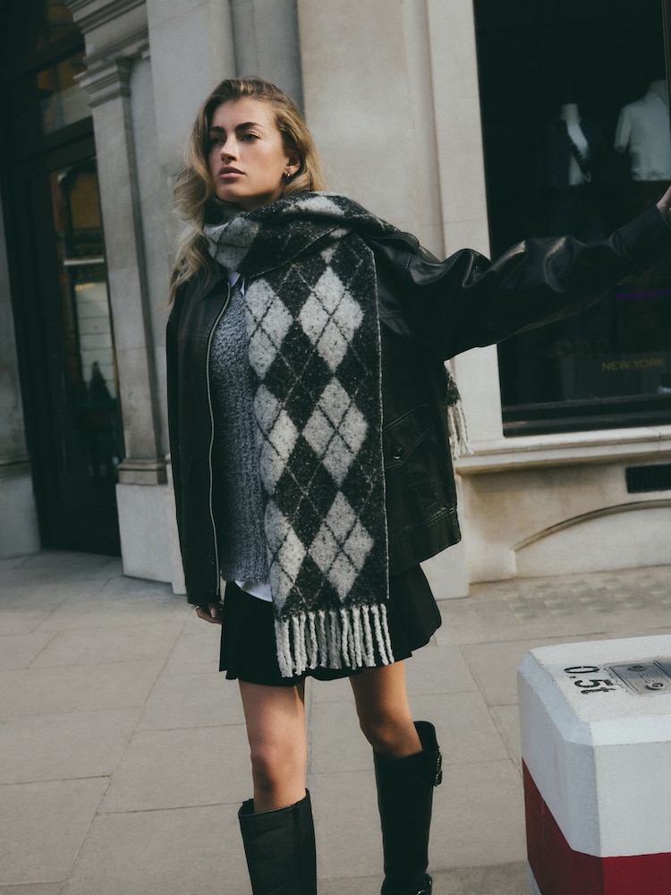 Black/Grey Argyle Heavyweight Blanket Scarf - Image 1 of 7