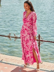 Sosandar Pink Petite Paisley Print Wrap Maxi Dress - Image 2 of 5