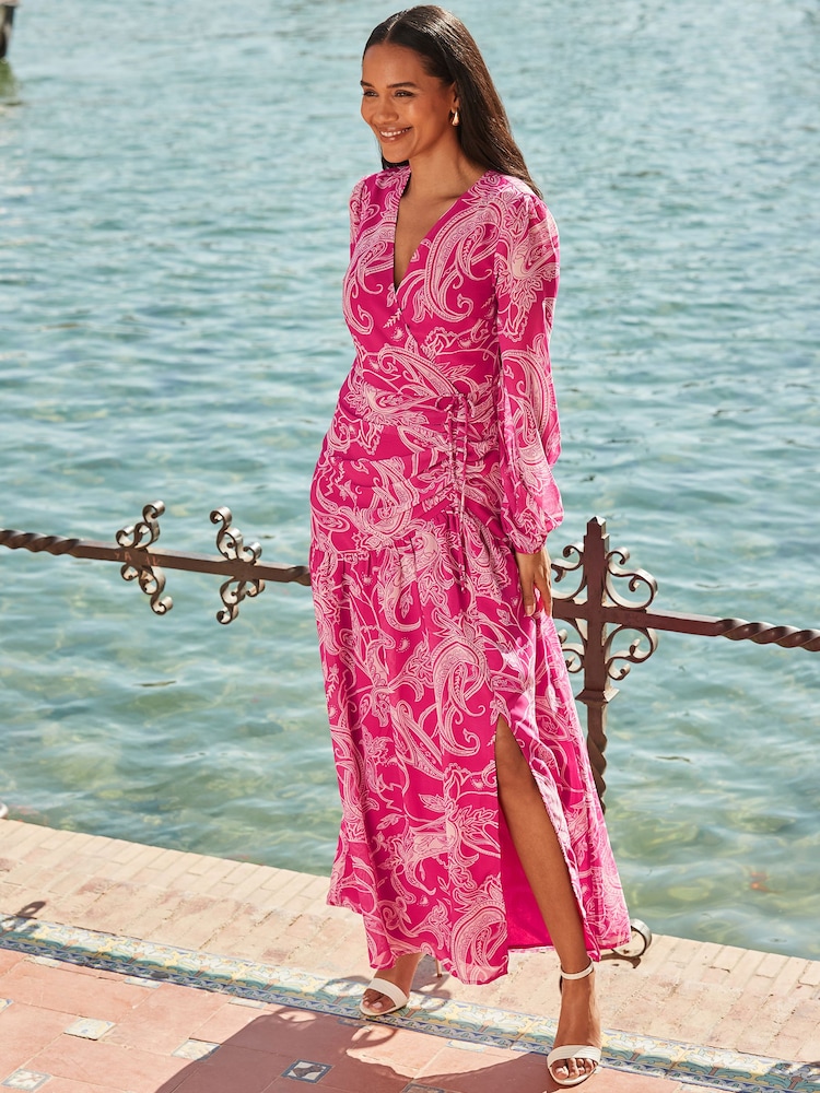 Sosandar Pink Petite Paisley Print Wrap Maxi Dress - Image 2 of 5