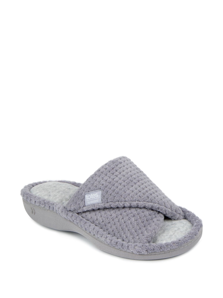 Totes Grey Ladies Isotoner Popcorn Turnover Open Toe Slippers - Image 3 of 5