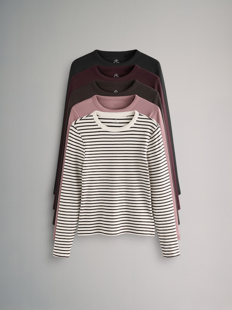 The Set Black/Berry Red/Chocolate Brown/Mauve Pink/Stripe 5 Pack Ribbed Long Sleeve T-Shirts - Image 1 of 13