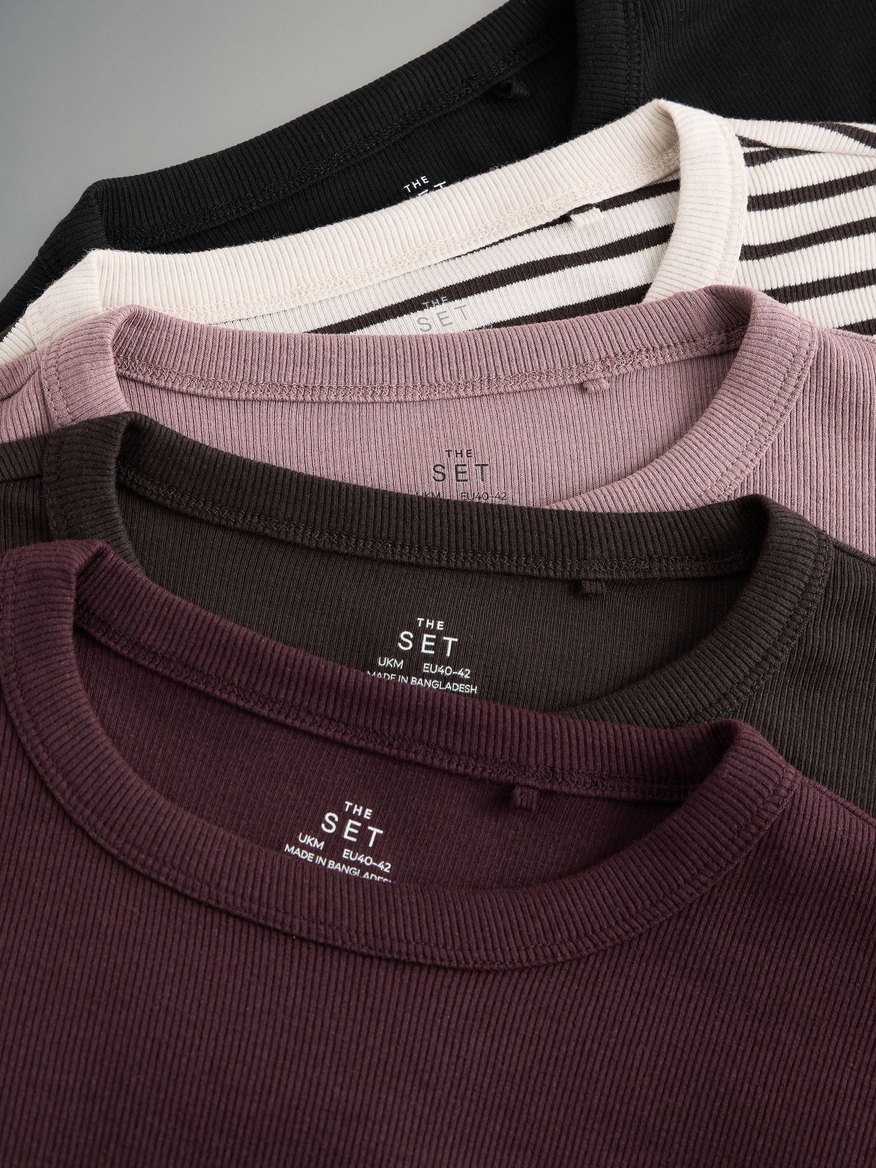 The Set Black/Berry Red/Chocolate Brown/Mauve Pink/Stripe 5 Pack Ribbed  Long Sleeve T-Shirts