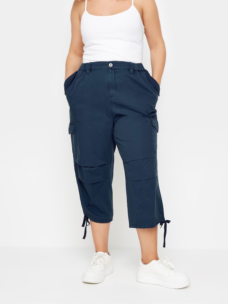 Yours Curve Blue Cargo Cropped 100% Cotton Trousers - Image 1 of 5