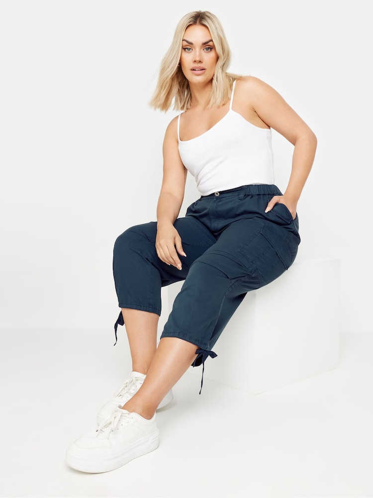 Yours Curve Blue Cargo Cropped 100% Cotton Trousers - Image 2 of 5