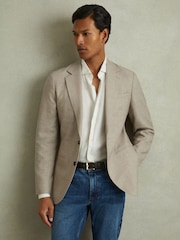 Однобортный блейзер из шерсти и льна в клетку Reiss Elliot - Изображение 1 из 7