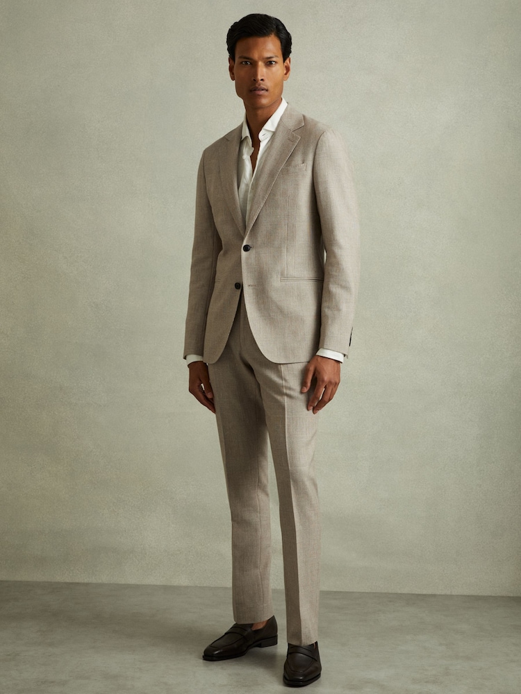 Reiss Oatmeal Elliot Checked Single Breasted Blazer in Wool-Linen - Image 3 of 7
