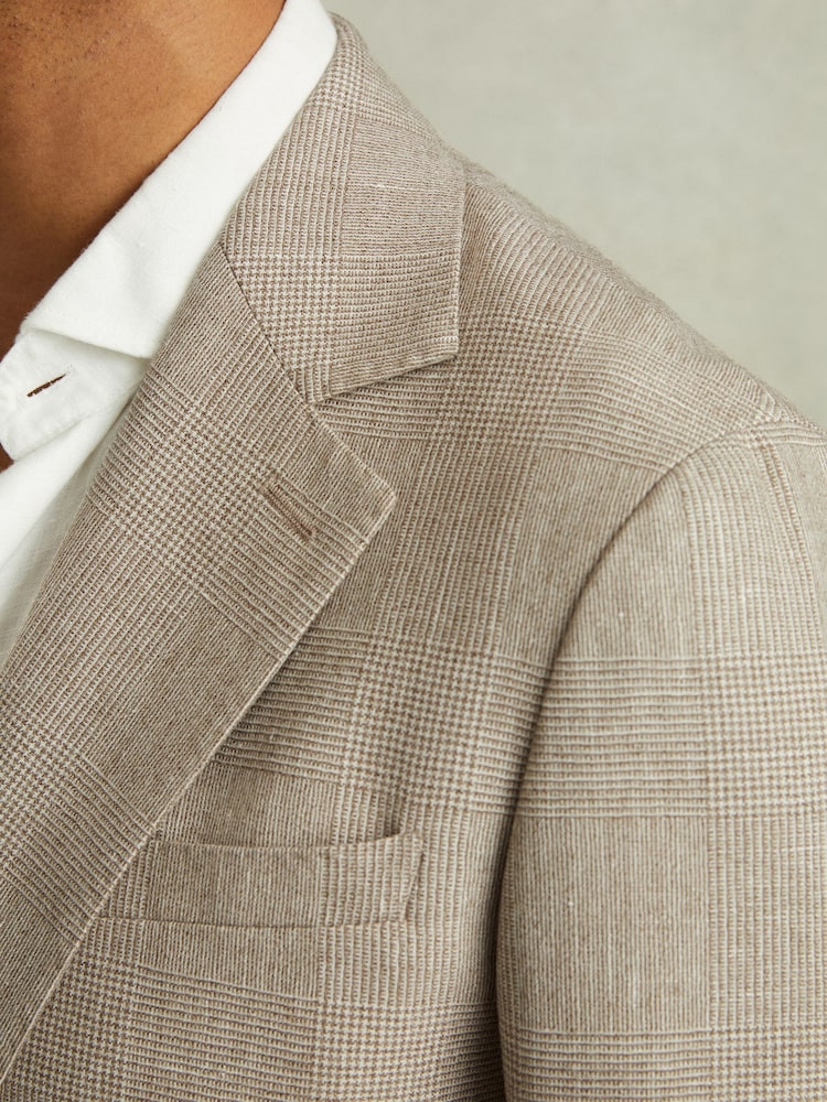 Reiss Oatmeal Elliot Checked Single Breasted Blazer in Wool-Linen - Image 4 of 7