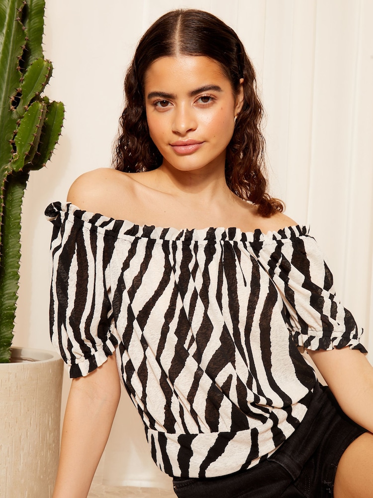 Friends Like These Black/White Zebra Textured Jersey Zebra Bardot Blouse - Image 1 of 4