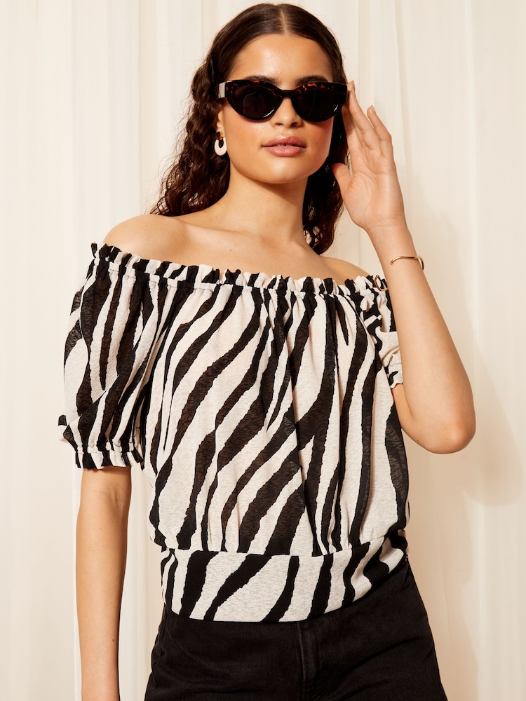 Friends Like These Black/White Zebra Textured Jersey Zebra Bardot Blouse - Image 3 of 4