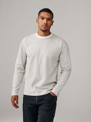 Cream/Black Stripe Relaxed Fit Long Sleeve Heavyweight 100% Cotton T-Shirt - Image 1 of 7