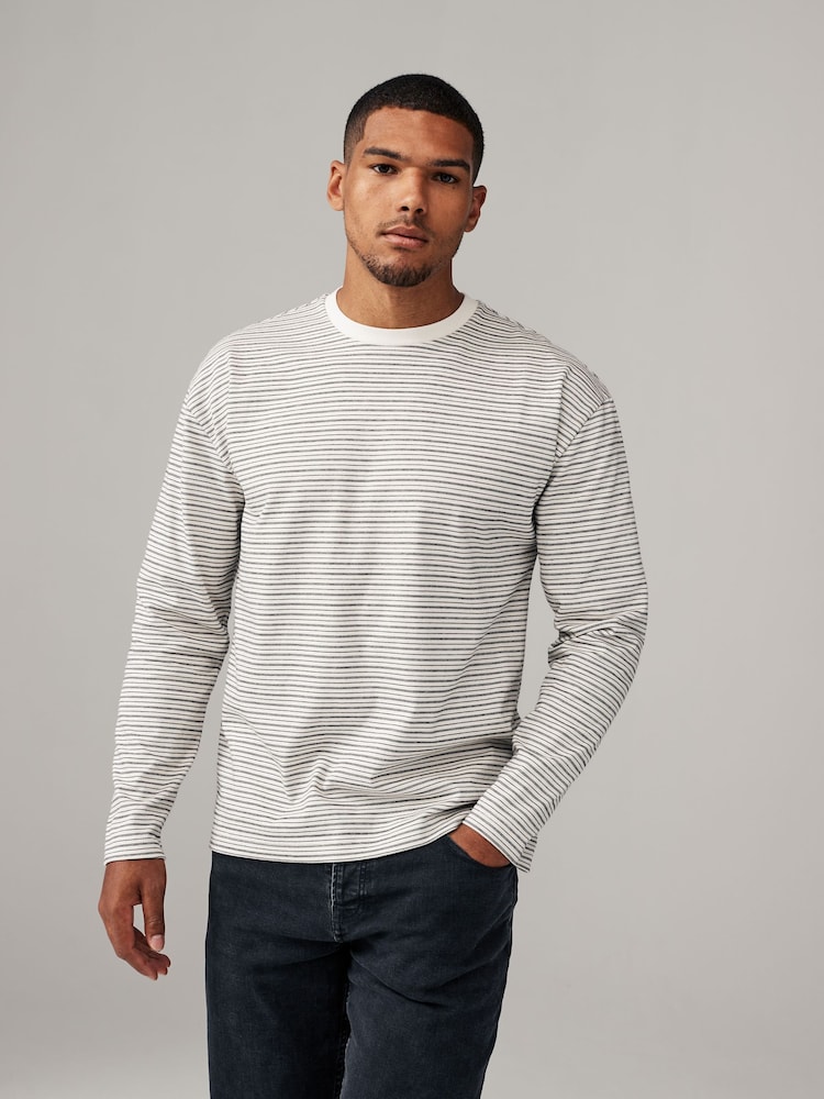 Cream/Black Stripe Relaxed Fit Long Sleeve Heavyweight 100% Cotton T-Shirt - Image 1 of 7