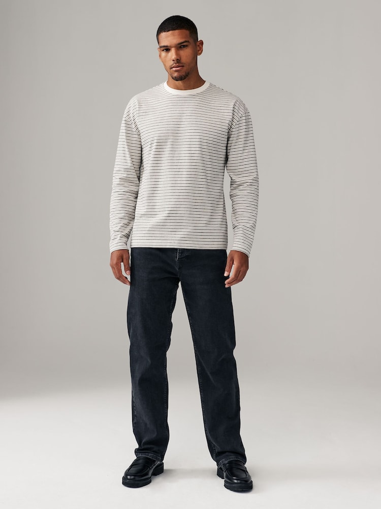 Cream/Black Stripe Relaxed Fit Long Sleeve Heavyweight 100% Cotton T-Shirt - Image 2 of 7