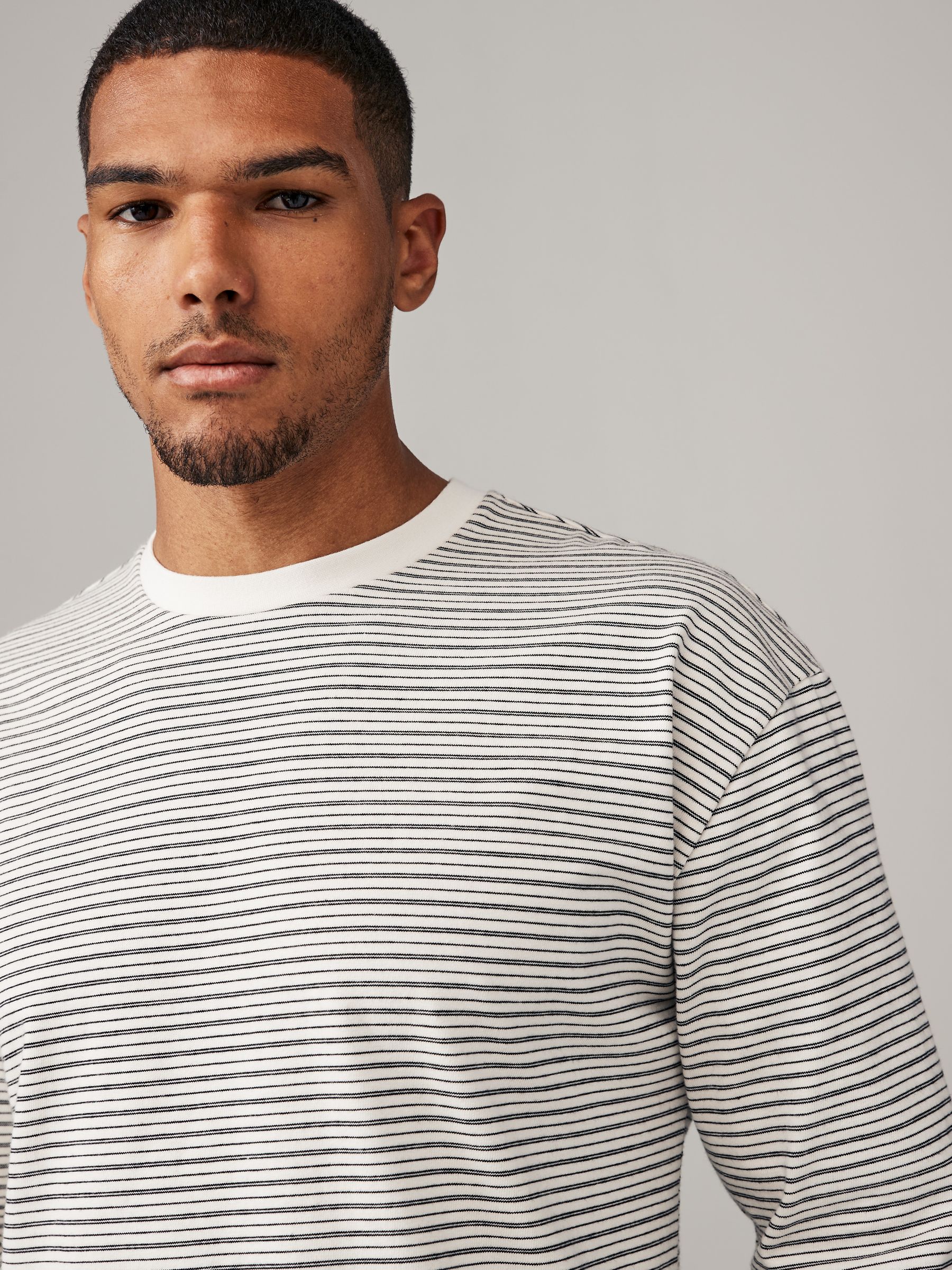 Buy Cream/Black Stripe Relaxed Fit Long Sleeve Heavyweight