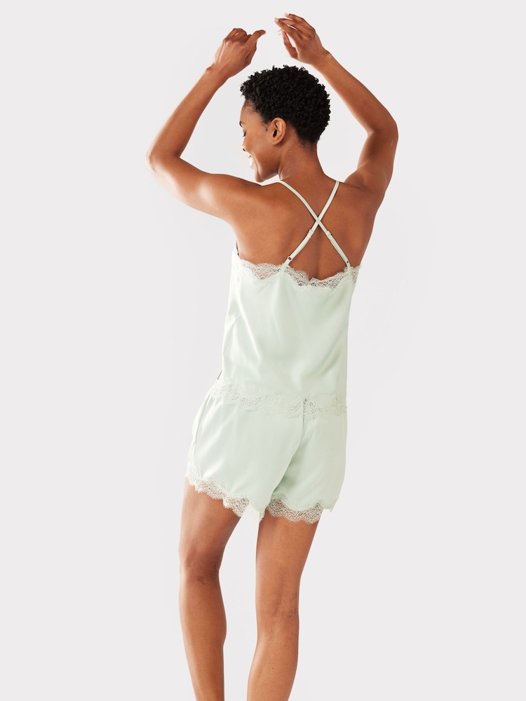 Chelsea Peers Green Satin Lace Trim Cami Short Pyjama Set - Image 3 of 5