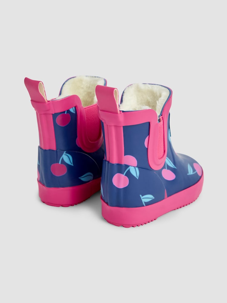 JoJo Maman Bébé Navy Blue Cherry Cosy Lined Fox Print Ankle Wellies - Image 2 of 4