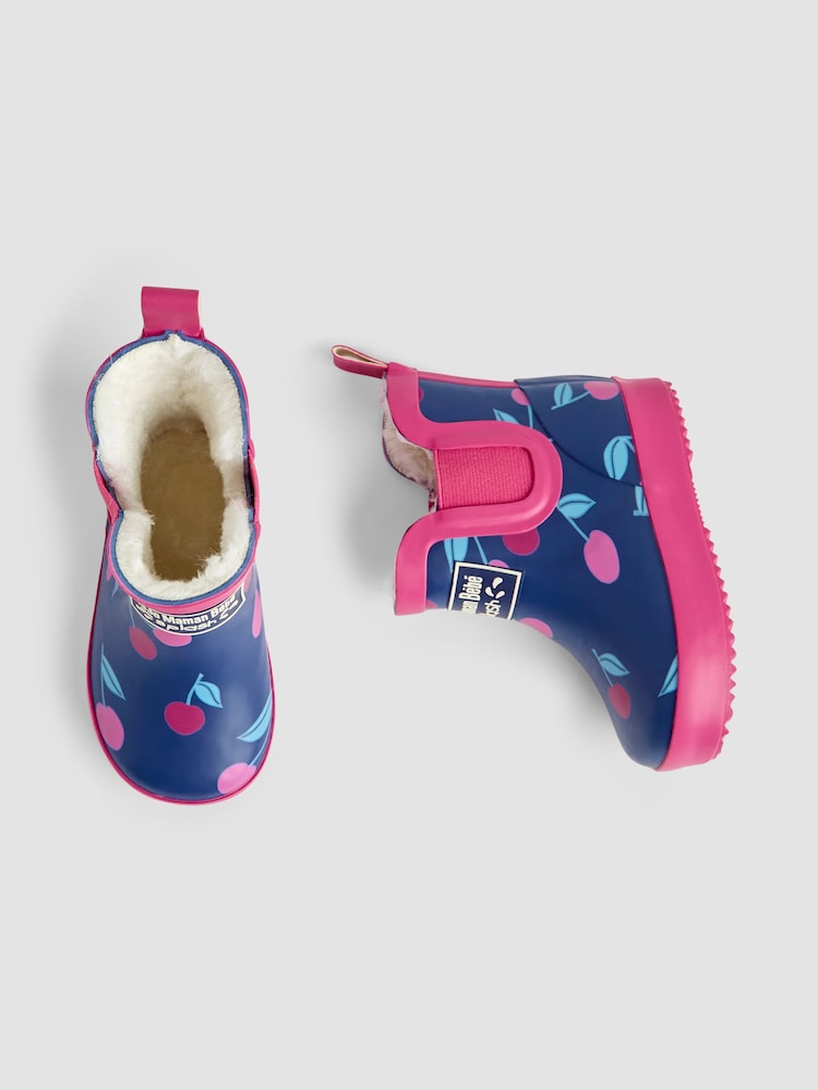JoJo Maman Bébé Navy Blue Cherry Cosy Lined Fox Print Ankle Wellies - Image 4 of 4
