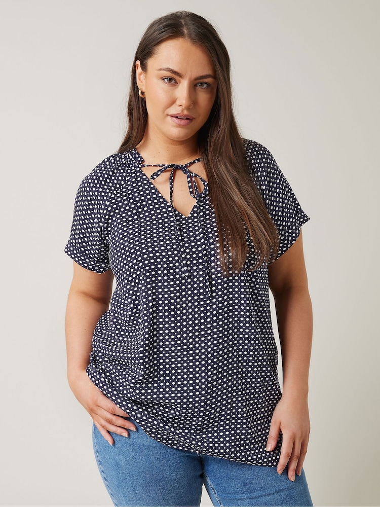 Blau - Evans Curve Dot Print Tie Neck Blouse - Bild 1 von 5