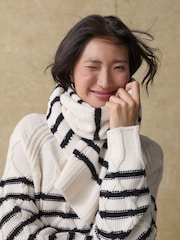 Black/White Stripe Soft Touch Co-ord Cable Knitted Scarf with Wool - Image 1 of 8