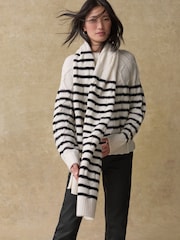 Black/White Stripe Soft Touch Co-ord Cable Knitted Scarf with Wool - Image 2 of 8