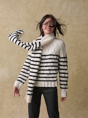 Black/White Stripe Soft Touch Co-ord Cable Knitted Scarf with Wool - Image 3 of 8