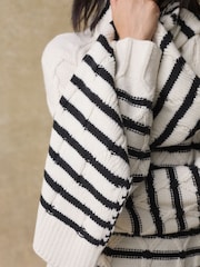 Black/White Stripe Soft Touch Co-ord Cable Knitted Scarf with Wool - Image 4 of 8