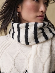 Black/White Stripe Soft Touch Co-ord Cable Knitted Scarf with Wool - Image 5 of 8