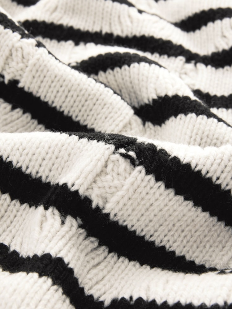 Black/White Stripe Soft Touch Co-ord Cable Knitted Scarf with Wool - Image 8 of 8