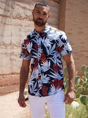 Threadbare Dark Blue Print Short Sleeve Shirt - Image 1 of 4