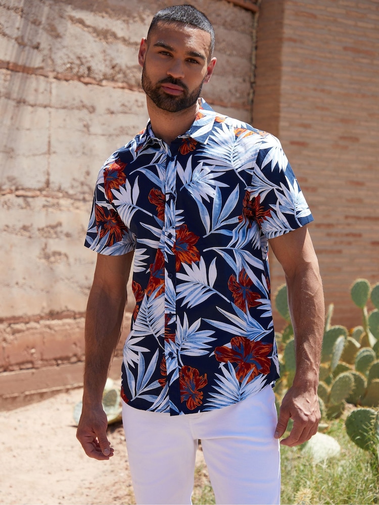 Threadbare Dark Blue Print Short Sleeve Shirt - Image 1 of 4