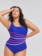 JD Williams Blue Sports Colourblock Plunge Swimsuit - Image 1 of 4