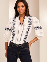 Lipsy White 3/4 Sleeve Embroidered Tie Neck Blouse - Image 1 of 4