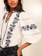 Lipsy White 3/4 Sleeve Embroidered Tie Neck Blouse - Image 2 of 4