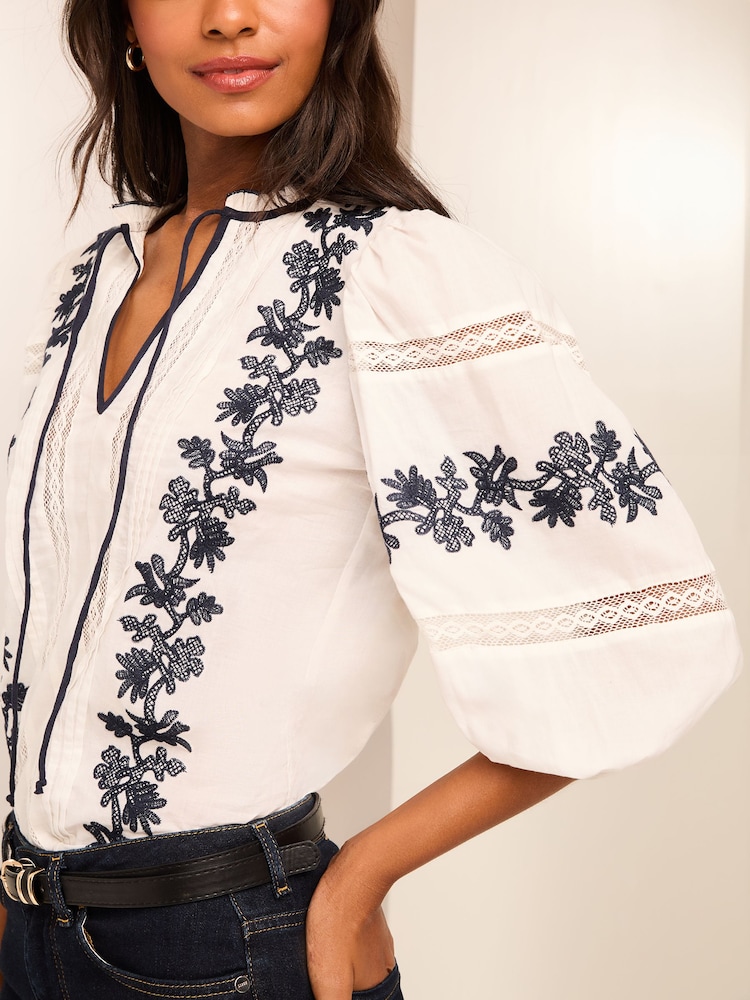 Lipsy White 3/4 Sleeve Embroidered Tie Neck Blouse - Image 2 of 4