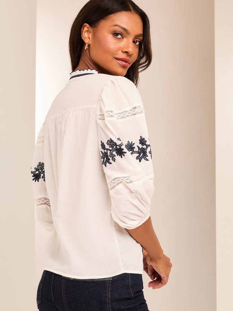 Lipsy White 3/4 Sleeve Embroidered Tie Neck Blouse - Image 4 of 4