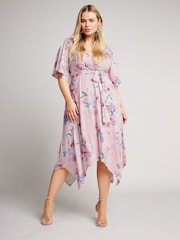 Yours Curve Pink Floral Hanky Hem Wrap Dress - Image 1 of 5