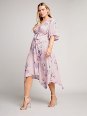 Yours Curve Pink Floral Hanky Hem Wrap Dress - Image 2 of 5