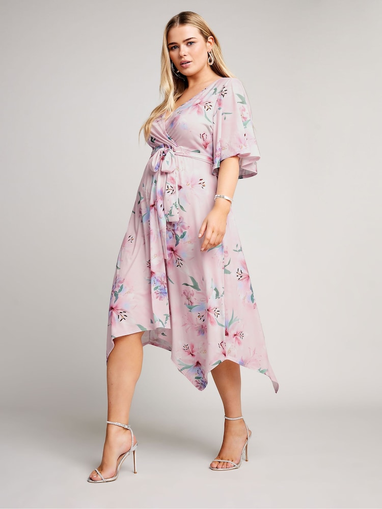 Yours Curve Pink Floral Hanky Hem Wrap Dress - Image 2 of 5