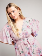 Yours Curve Pink Floral Hanky Hem Wrap Dress - Image 4 of 5